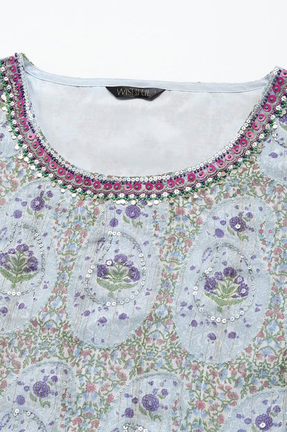 Light Blue Paisley Print Chiffon Dress With Sequin - wforwoman