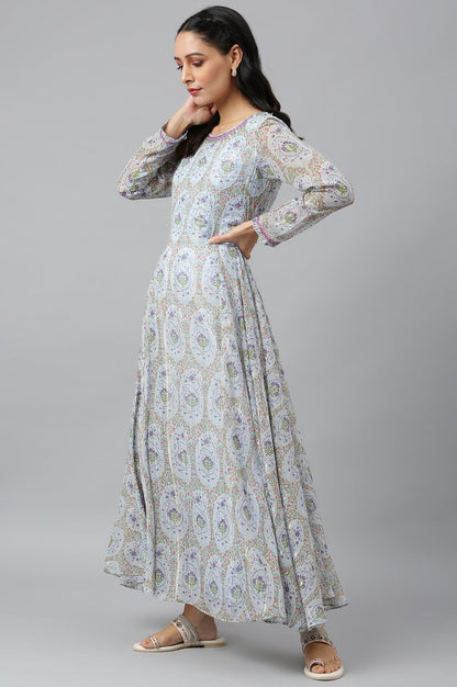 Light Blue Paisley Print Chiffon Dress With Sequin - wforwoman