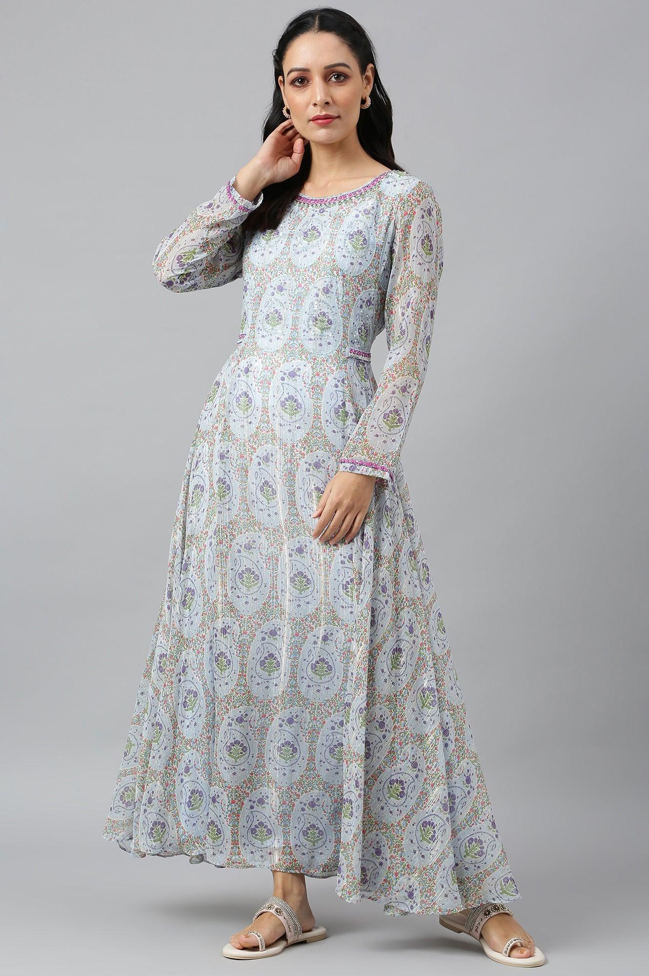 Light Blue Paisley Print Chiffon Dress With Sequin - wforwoman