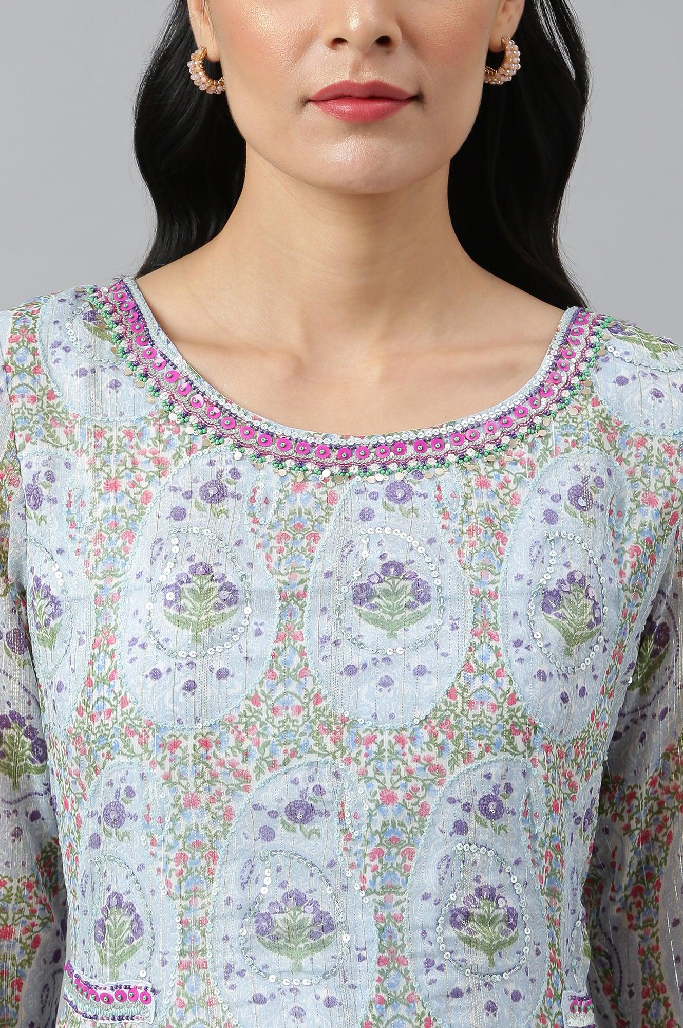 Light Blue Paisley Print Chiffon Dress With Sequin - wforwoman