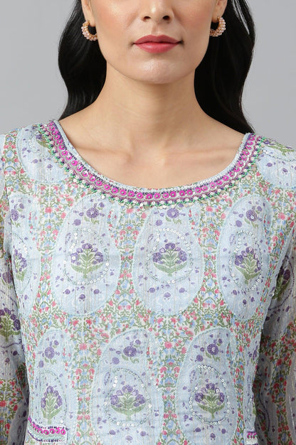 Light Blue Paisley Print Chiffon Dress With Sequin - wforwoman