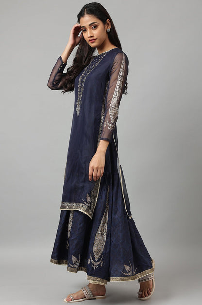 Navy Blue Organza Layered Dress - wforwoman