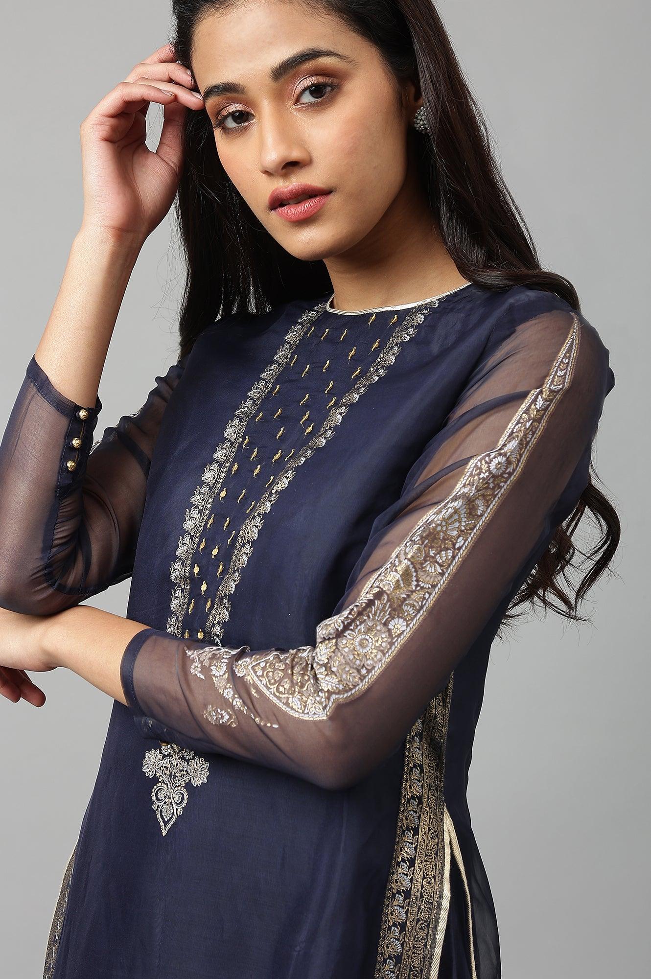 Navy Blue Organza Layered Dress - wforwoman