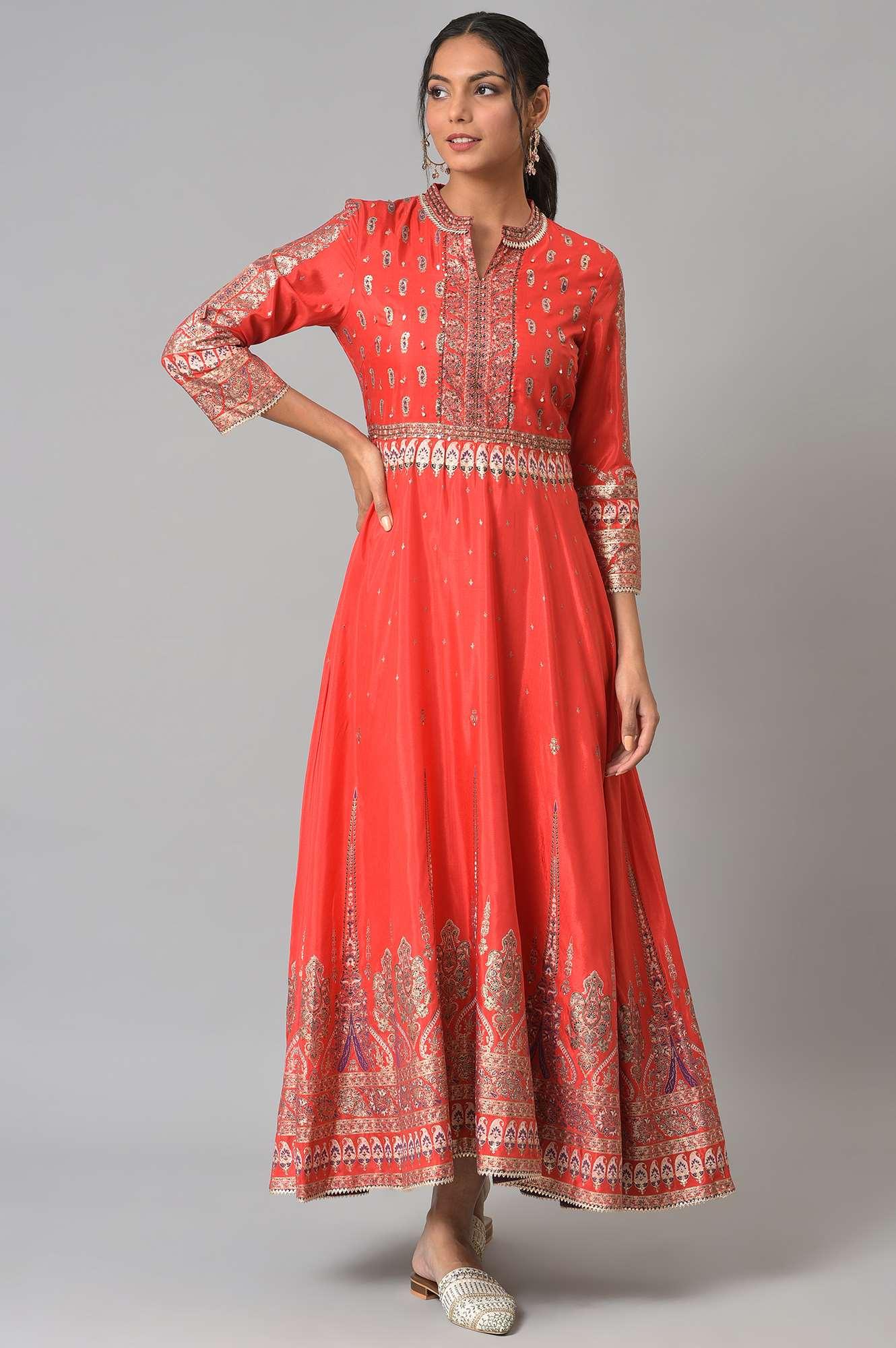 Tomato Red Festive Mughal Gown - wforwoman