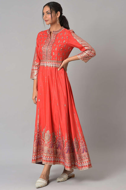 Tomato Red Festive Mughal Gown - wforwoman