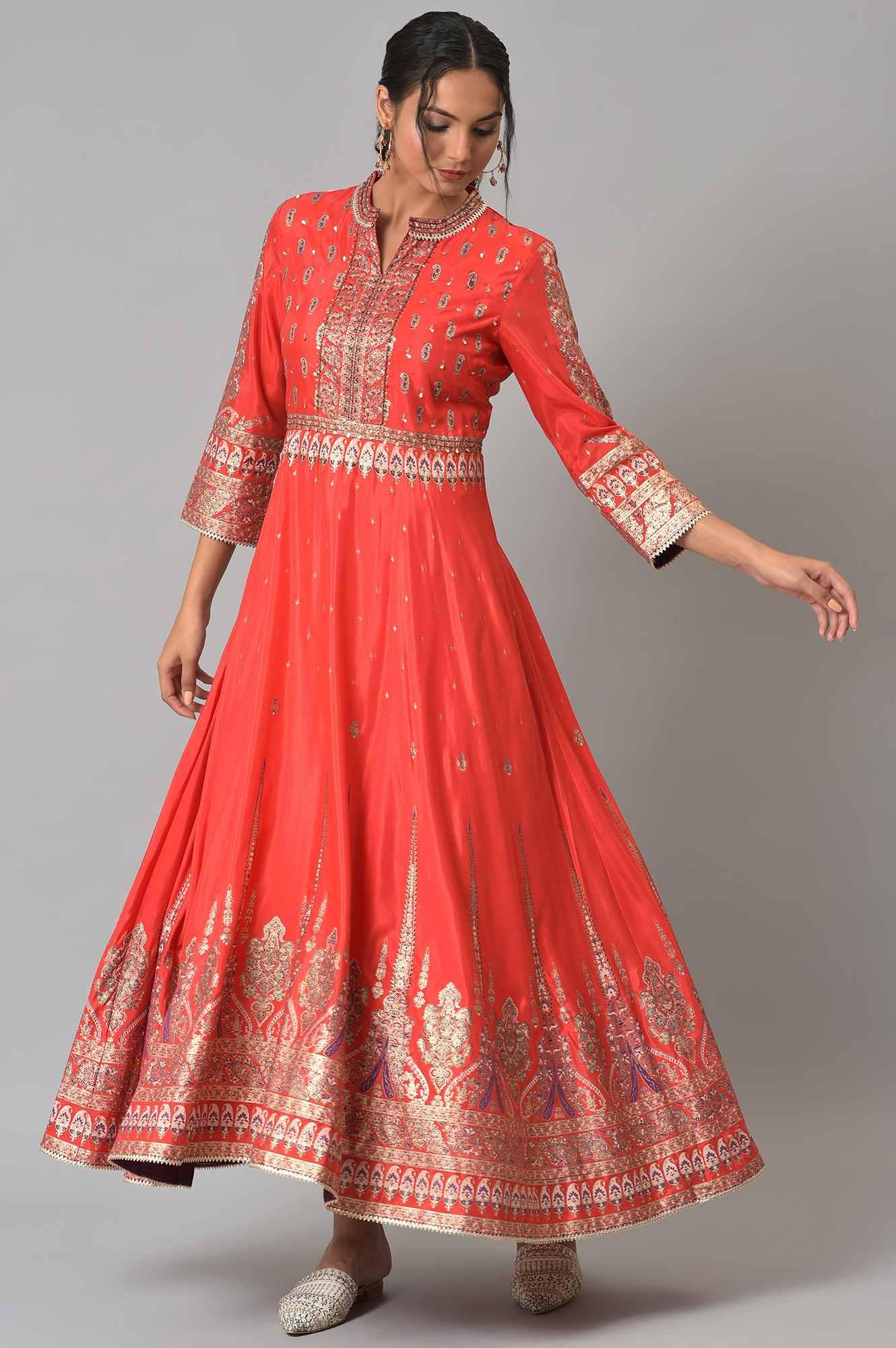 Tomato Red Festive Mughal Gown - wforwoman
