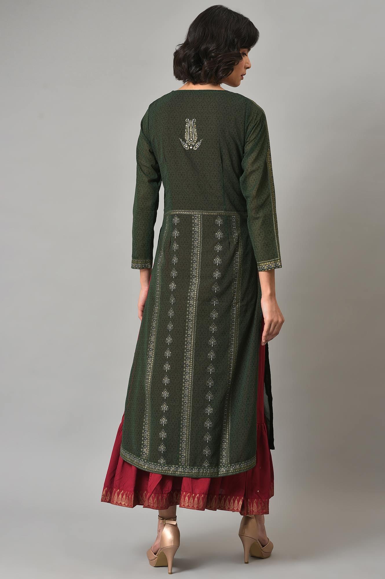 Green Mock Angrakha Gillet With Maroon Tiered Dress - wforwoman