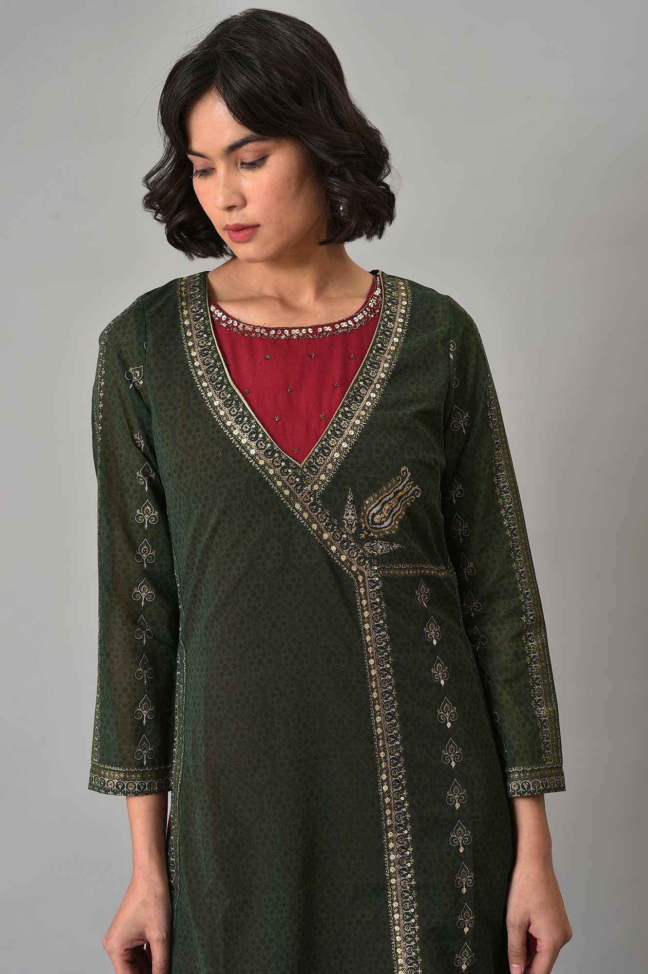 Buy Green Mock Angrakha Gillet With Maroon Tiered Dress Online for Woman | WforWoman Buy Green Mock Angrakha Gillet With Maroon Tiered Dress Online for Woman | WforWoman