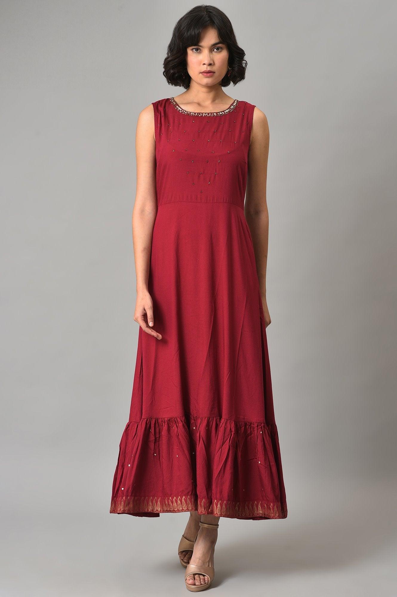 Green Mock Angrakha Gillet With Maroon Tiered Dress - wforwoman