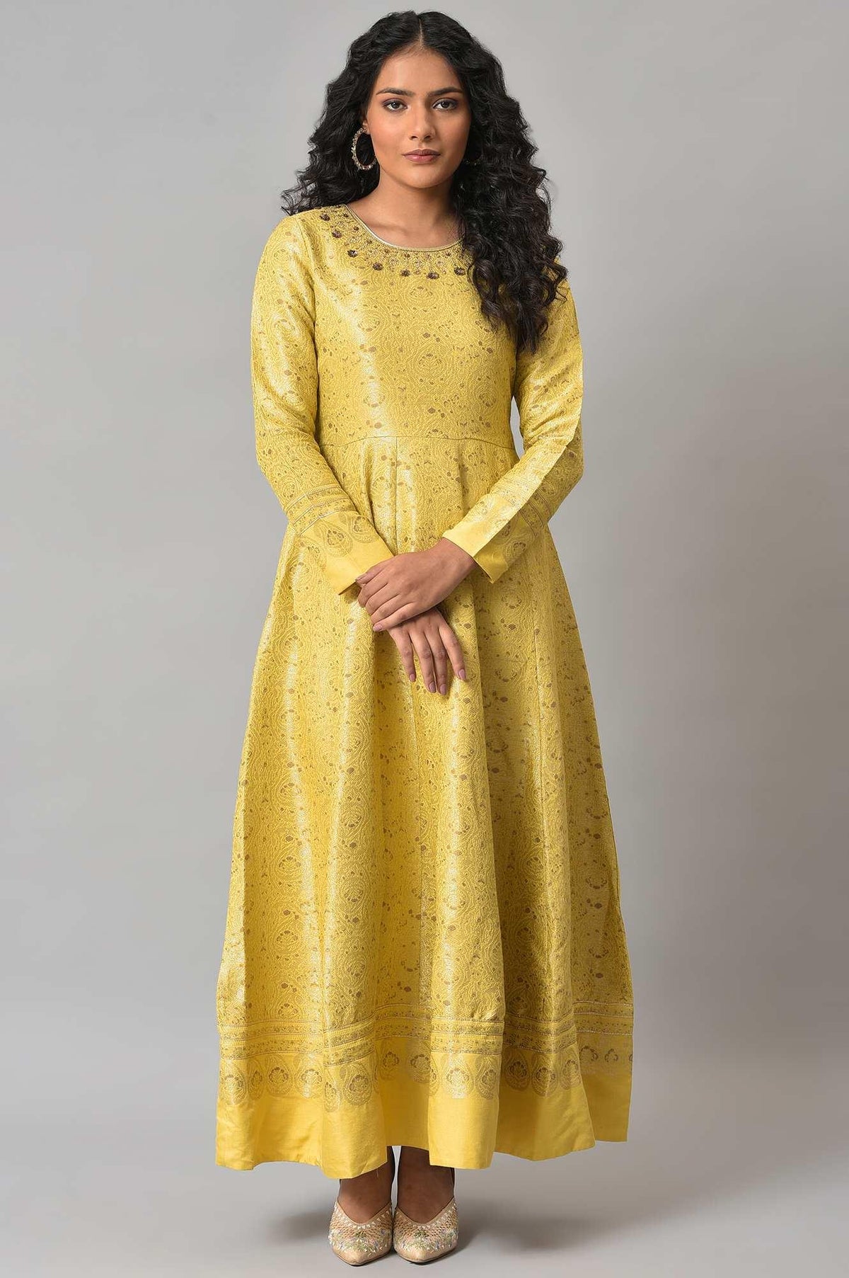 Yellow Paisley Printed Anarkali Indie Dress - XS