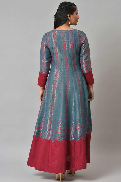 Teal And Pink Panelled Festive Winter Dress - wforwoman