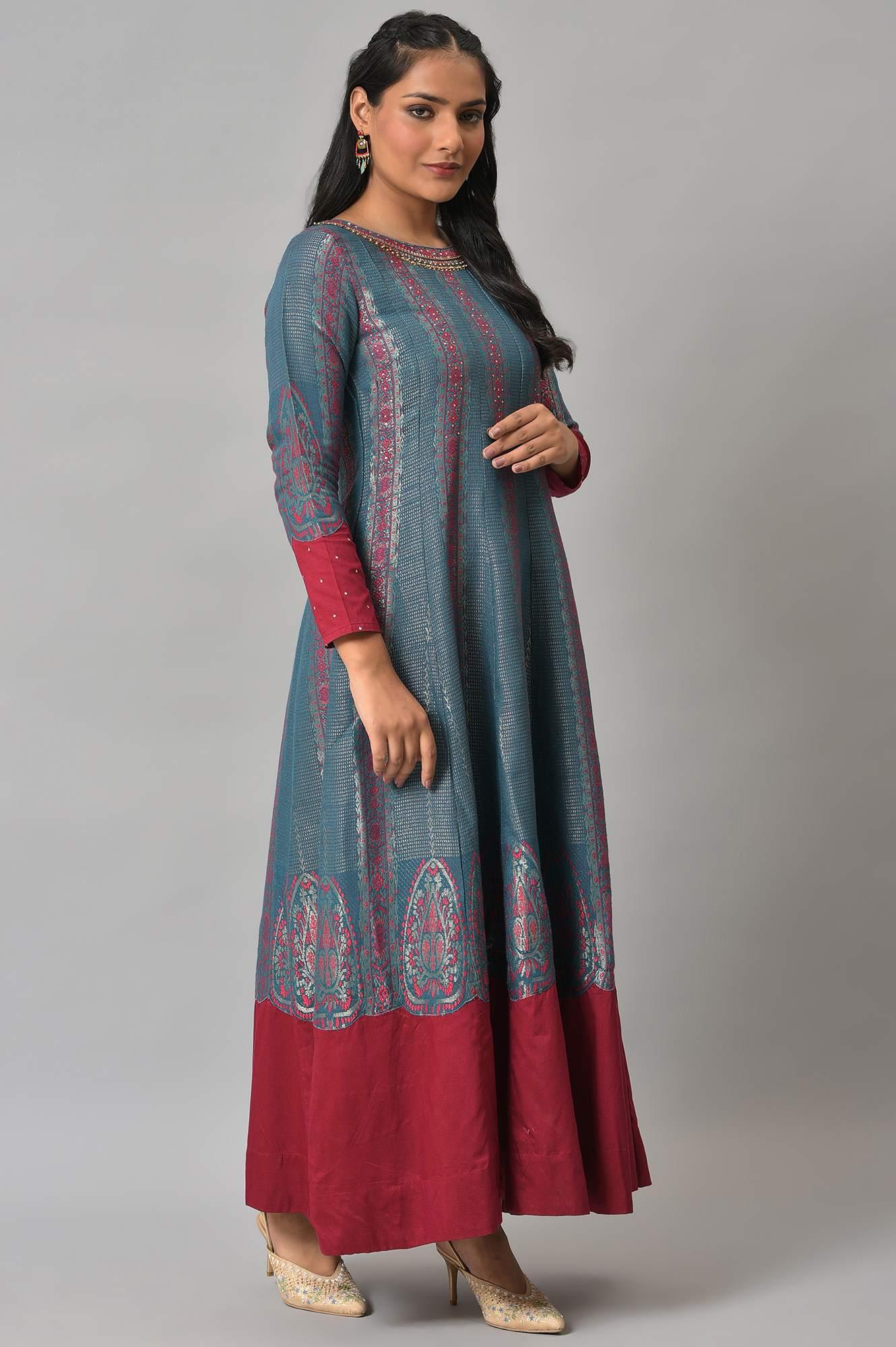 Teal And Pink Panelled Festive Winter Dress - wforwoman