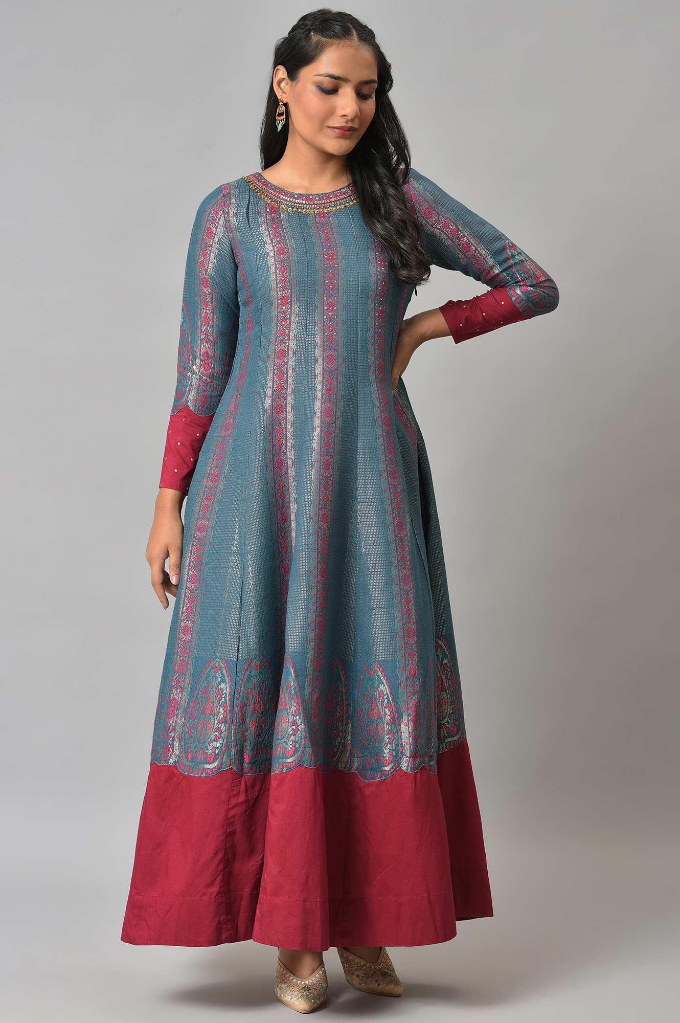 Teal And Pink Panelled Festive Winter Dress - wforwoman