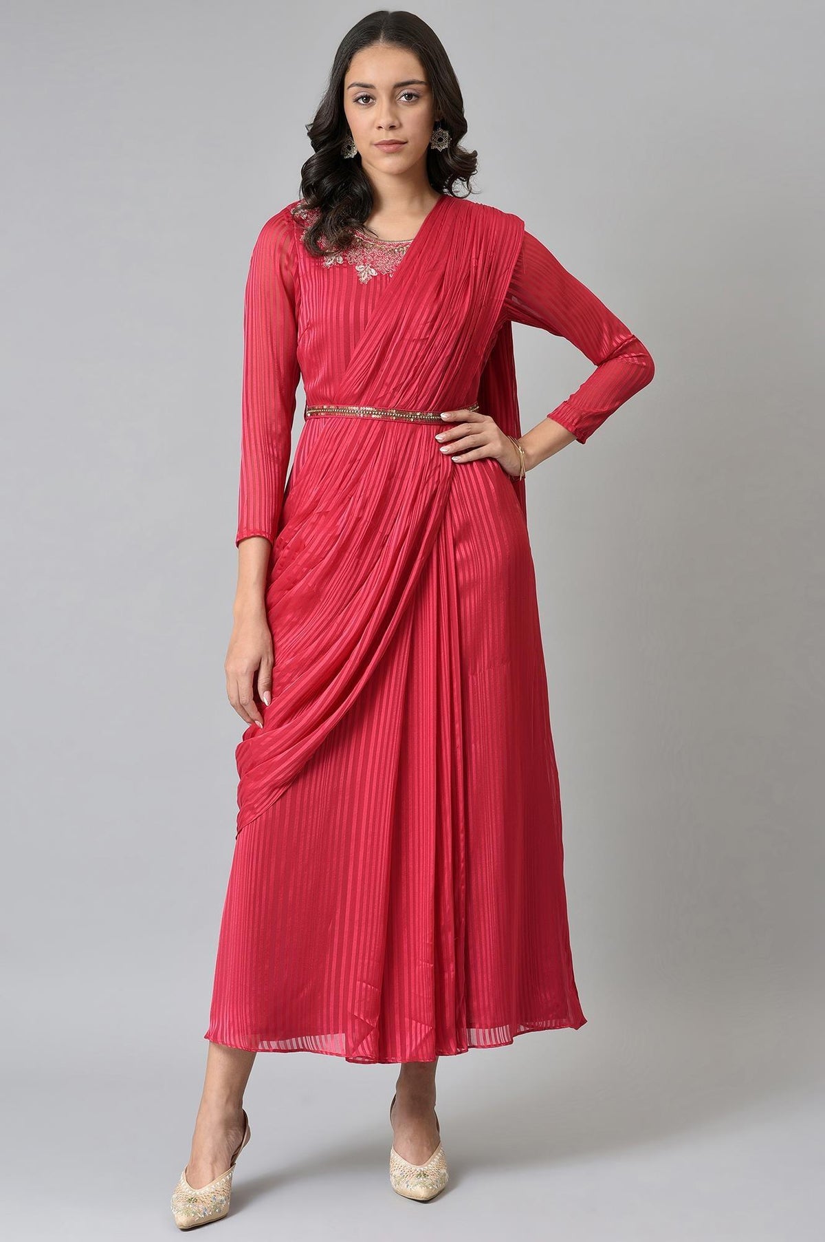 Coral Red Embroidered Predape Saree Dress - XS