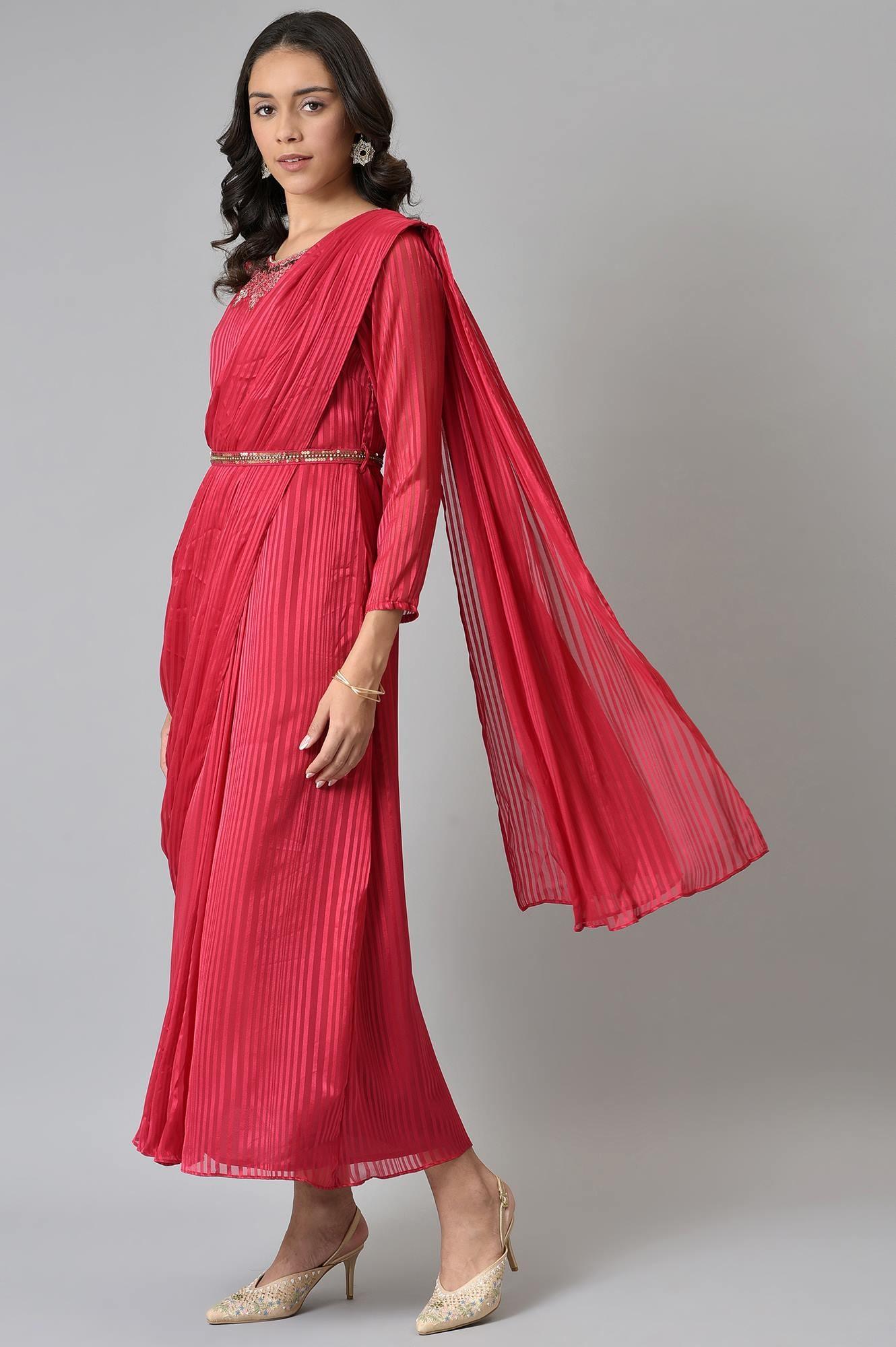 Coral Red Embroidered Predape Saree Dress - wforwoman