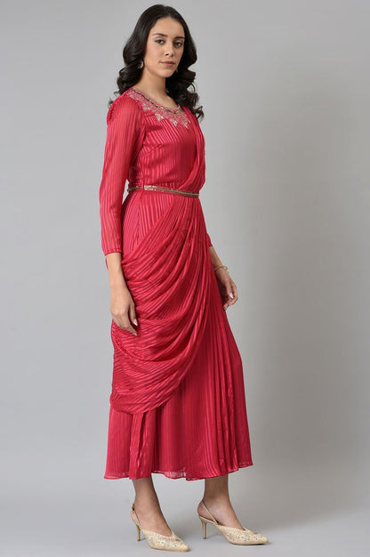 Coral Red Embroidered Predape Saree Dress - wforwoman