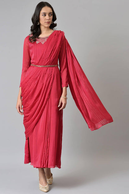 Coral Red Embroidered Predape Saree Dress - wforwoman
