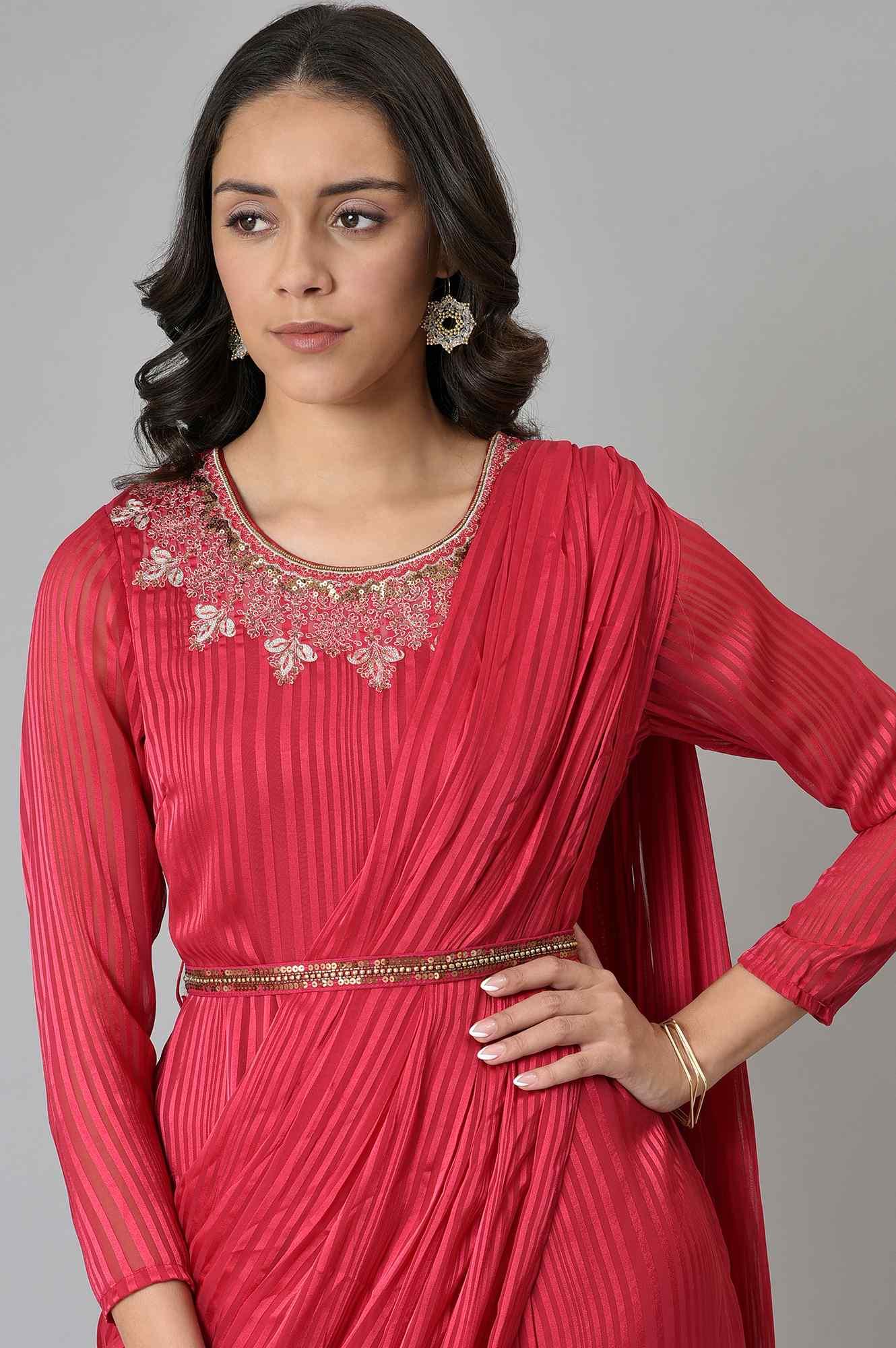 Coral Red Embroidered Predape Saree Dress - wforwoman