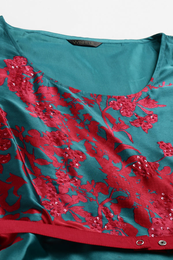 Dark Pink and Green Satin Predrape Saree Dress with Embroidered Belt