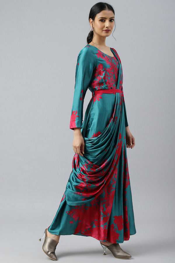 Dark Pink and Green Satin Predrape Saree Dress with Embroidered Belt