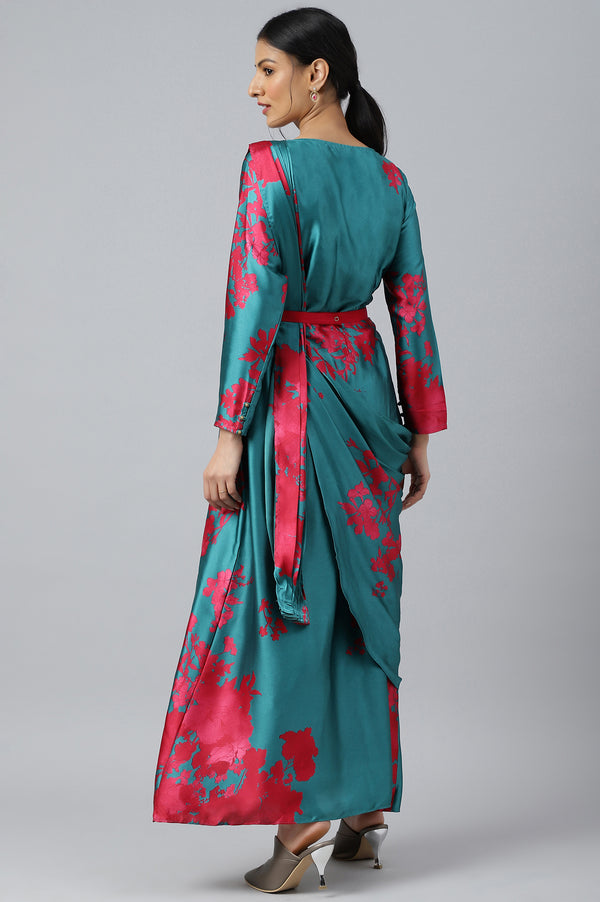 Dark Pink and Green Satin Predrape Saree Dress with Embroidered Belt