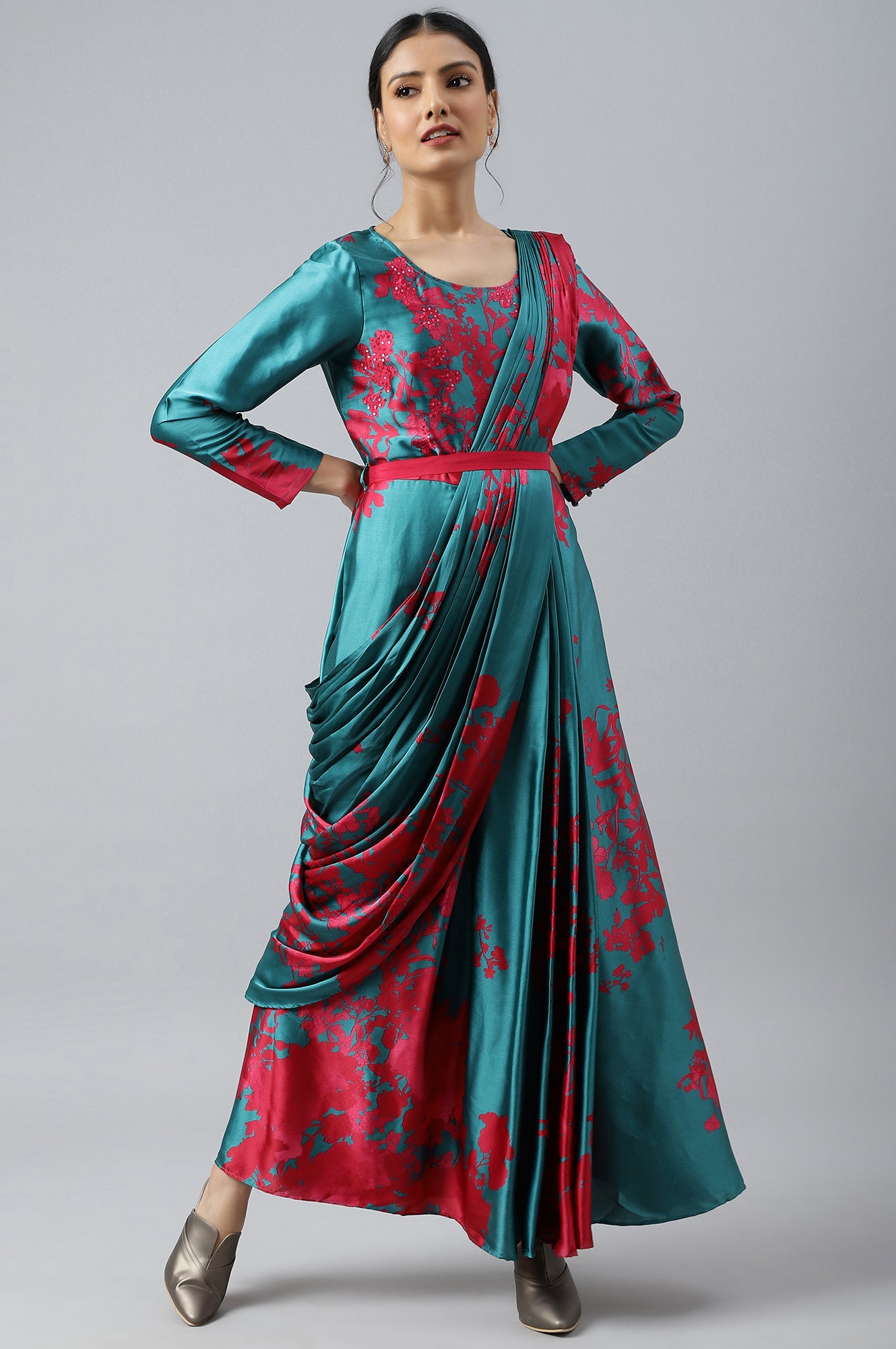 Buy Dark Pink and Green Satin Predrape Saree Dress with Embroidered Belt Online for Woman | WforWoman Buy Dark Pink and Green Satin Predrape Saree Dress with Embroidered Belt Online for Woman | WforWoman