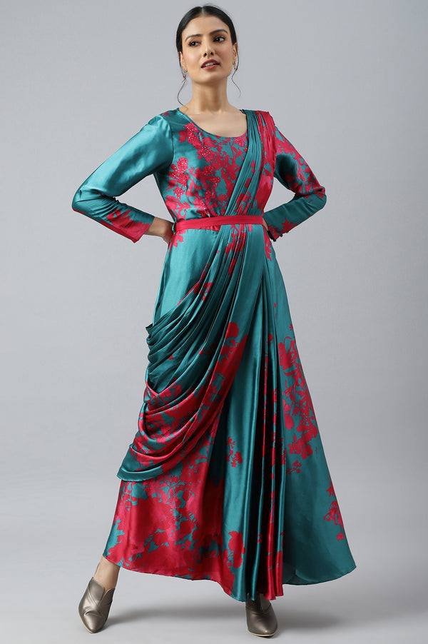 Dark Pink and Green Satin Predrape Saree Dress with Embroidered Belt