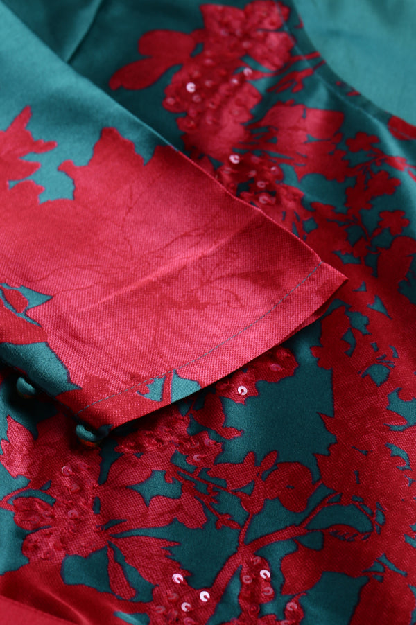 Dark Pink and Green Satin Predrape Saree Dress with Embroidered Belt