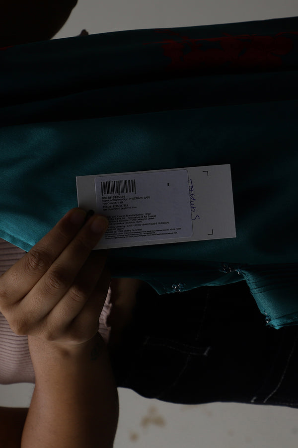 Dark Pink and Green Satin Predrape Saree Dress with Embroidered Belt