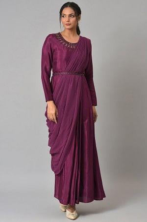 Dark Purple Hand Embroidered Predraped Insta Saree - wforwoman