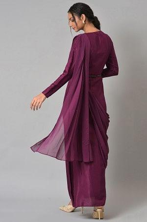 Dark Purple Hand Embroidered Predraped Insta Saree - wforwoman