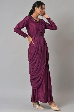 Dark Purple Hand Embroidered Predraped Insta Saree - wforwoman