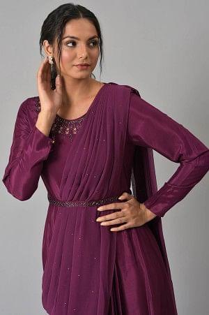 Dark Purple Hand Embroidered Predraped Insta Saree - wforwoman