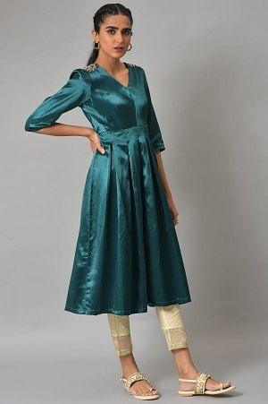 Dark Green Beaded Silk kurta - wforwoman