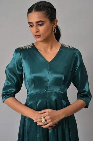 Dark Green Beaded Silk kurta - wforwoman
