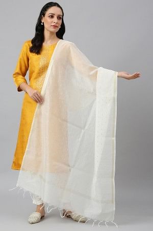 Ecru Chanderi Dupatta With Gold Jacquard Dot - FS