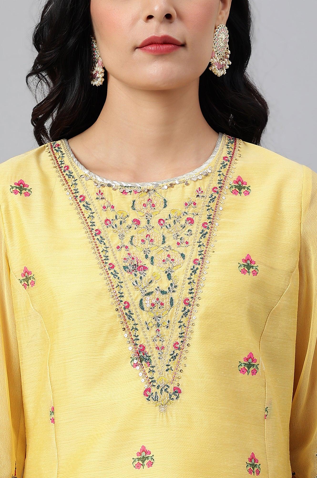 Yellow Chanderi kurta With Tiered Sharara And Dupatta - wforwoman