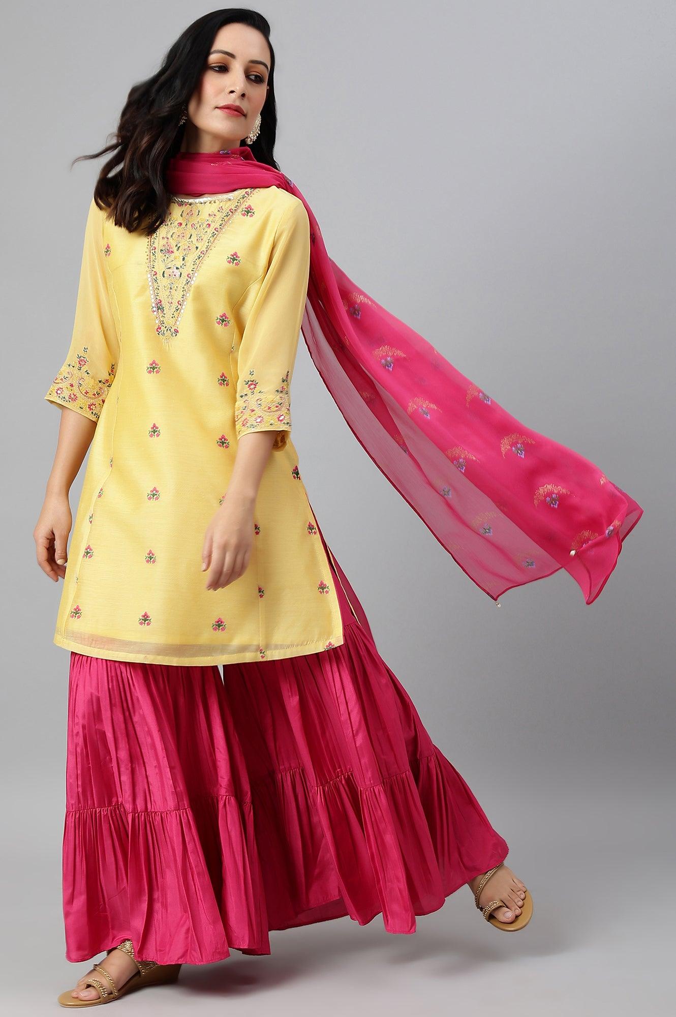 Yellow Chanderi kurta With Tiered Sharara And Dupatta - wforwoman