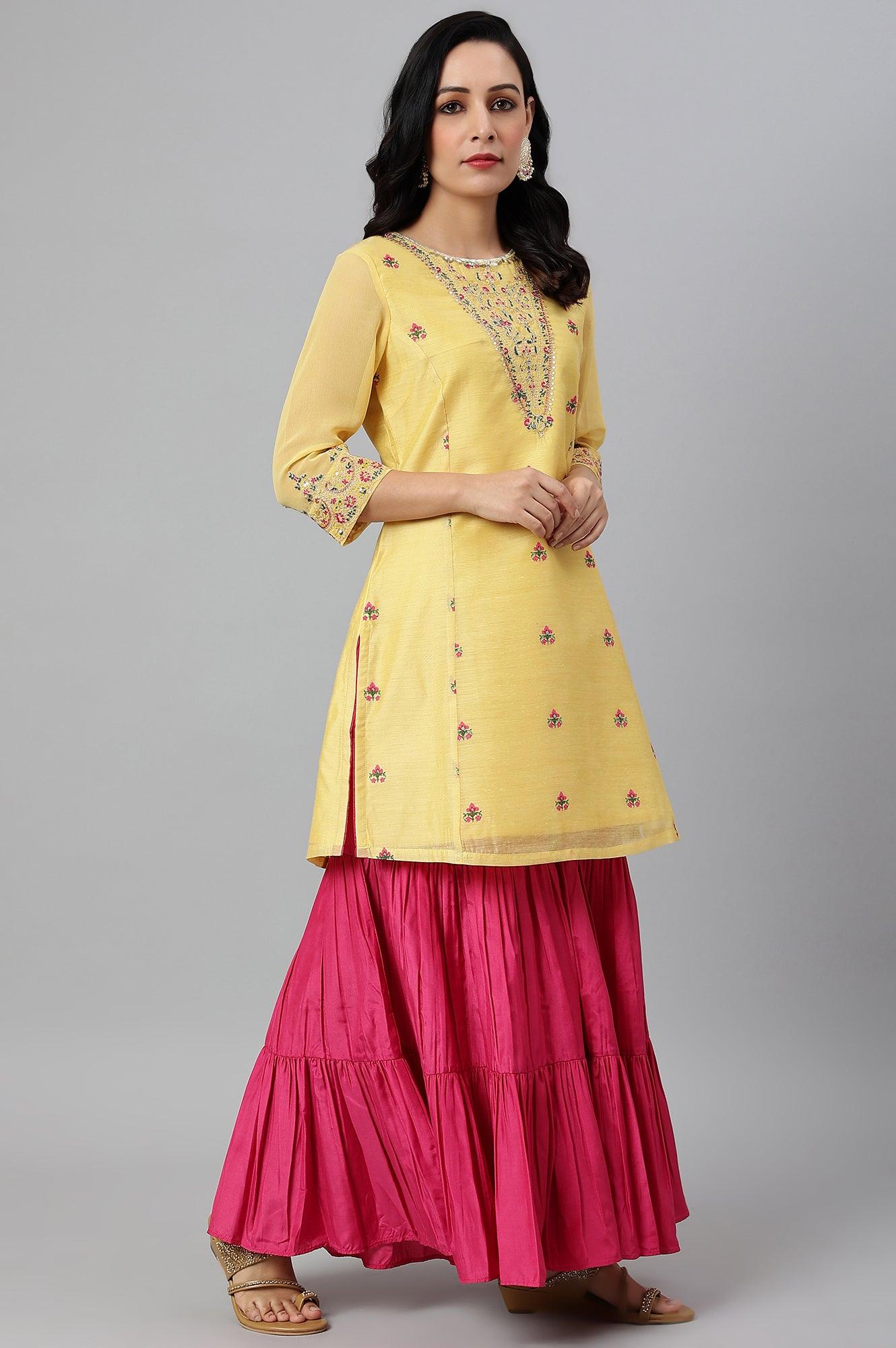 Yellow Chanderi kurta With Tiered Sharara And Dupatta - wforwoman