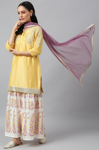 Yellow Dori Embroidered kurta With Ecru Sharara And Dupatta Set - wforwoman