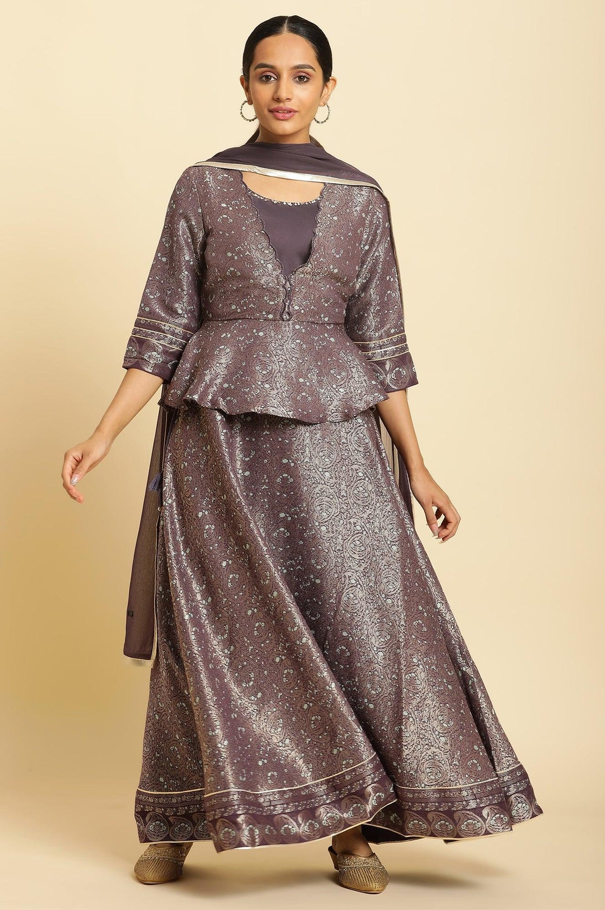 Purple Zari Jacquard Peplum Top With Skirt And Dupatta - XS