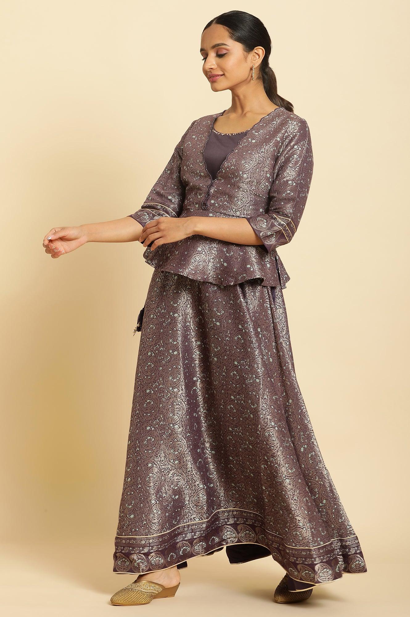 Purple Zari Jacquard Peplum Top With Skirt And Dupatta - wforwoman