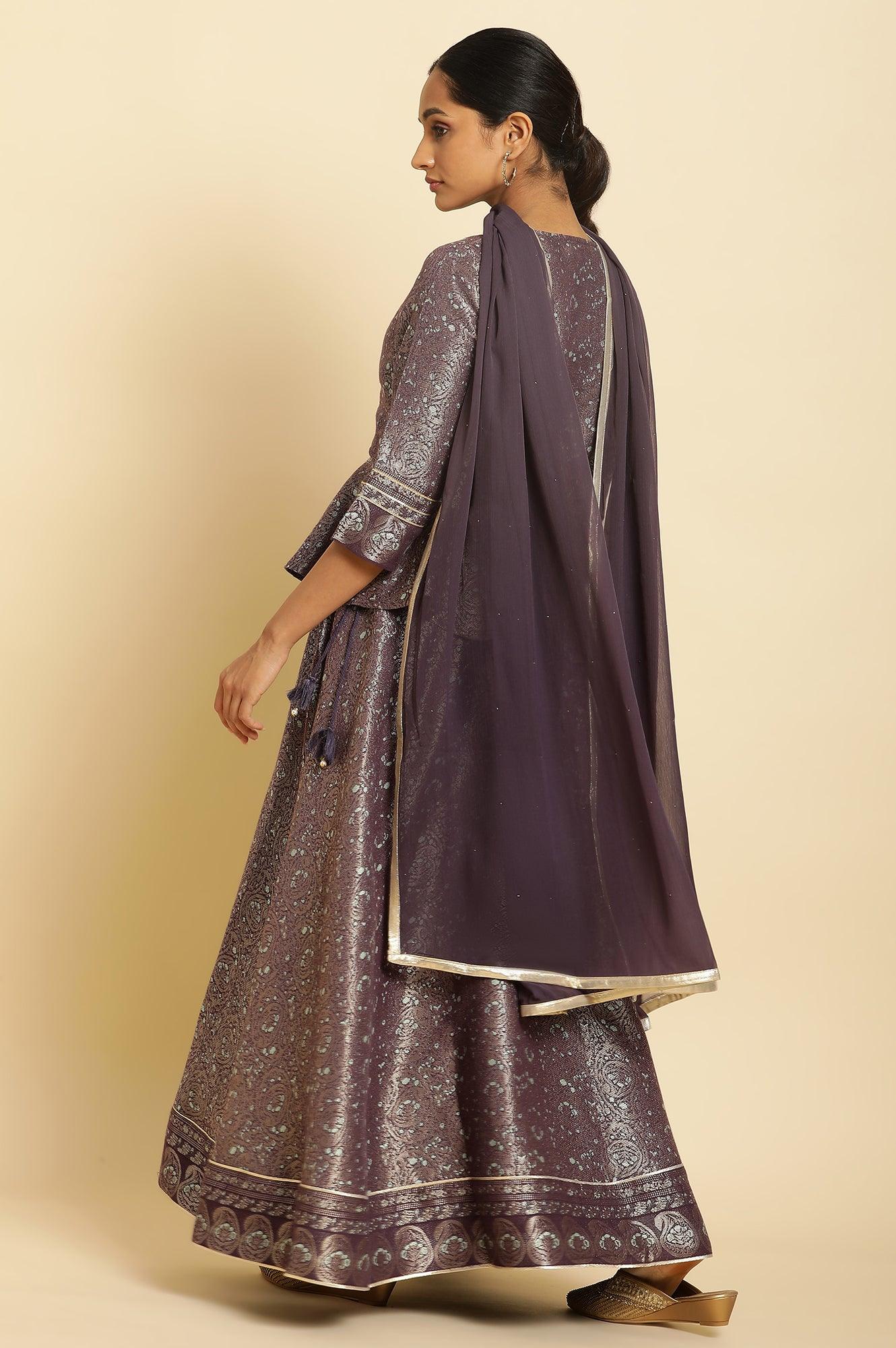 Purple Zari Jacquard Peplum Top With Skirt And Dupatta - wforwoman