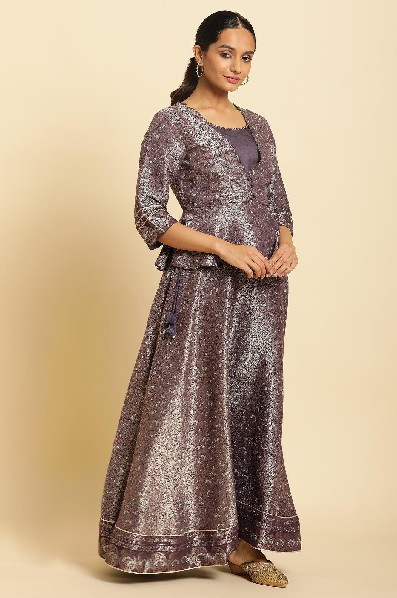 Purple Zari Jacquard Peplum Top With Skirt And Dupatta - wforwoman
