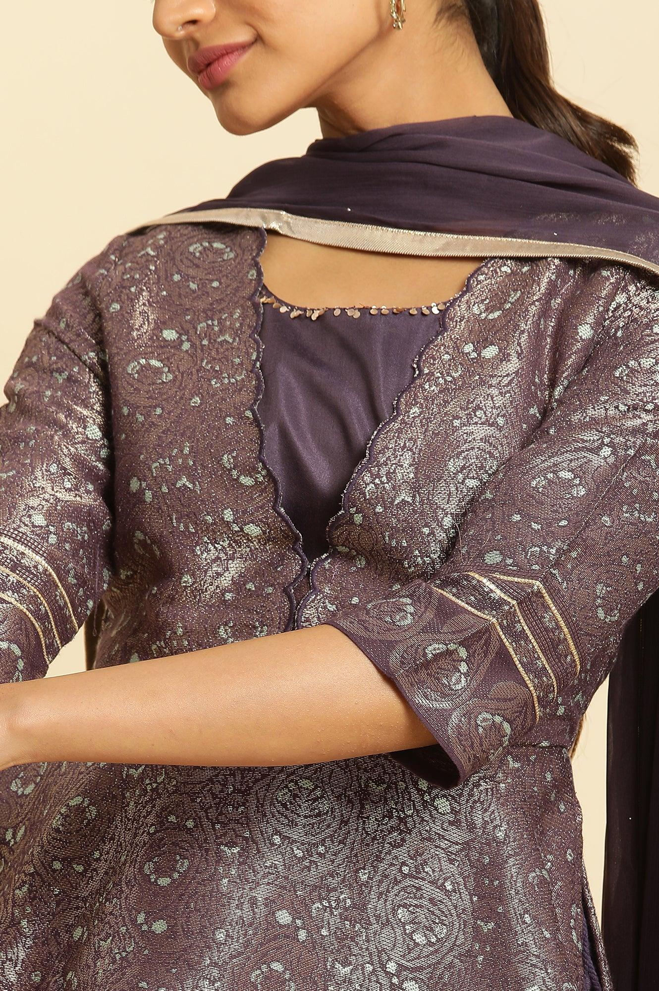 Purple Zari Jacquard Peplum Top With Skirt And Dupatta - wforwoman