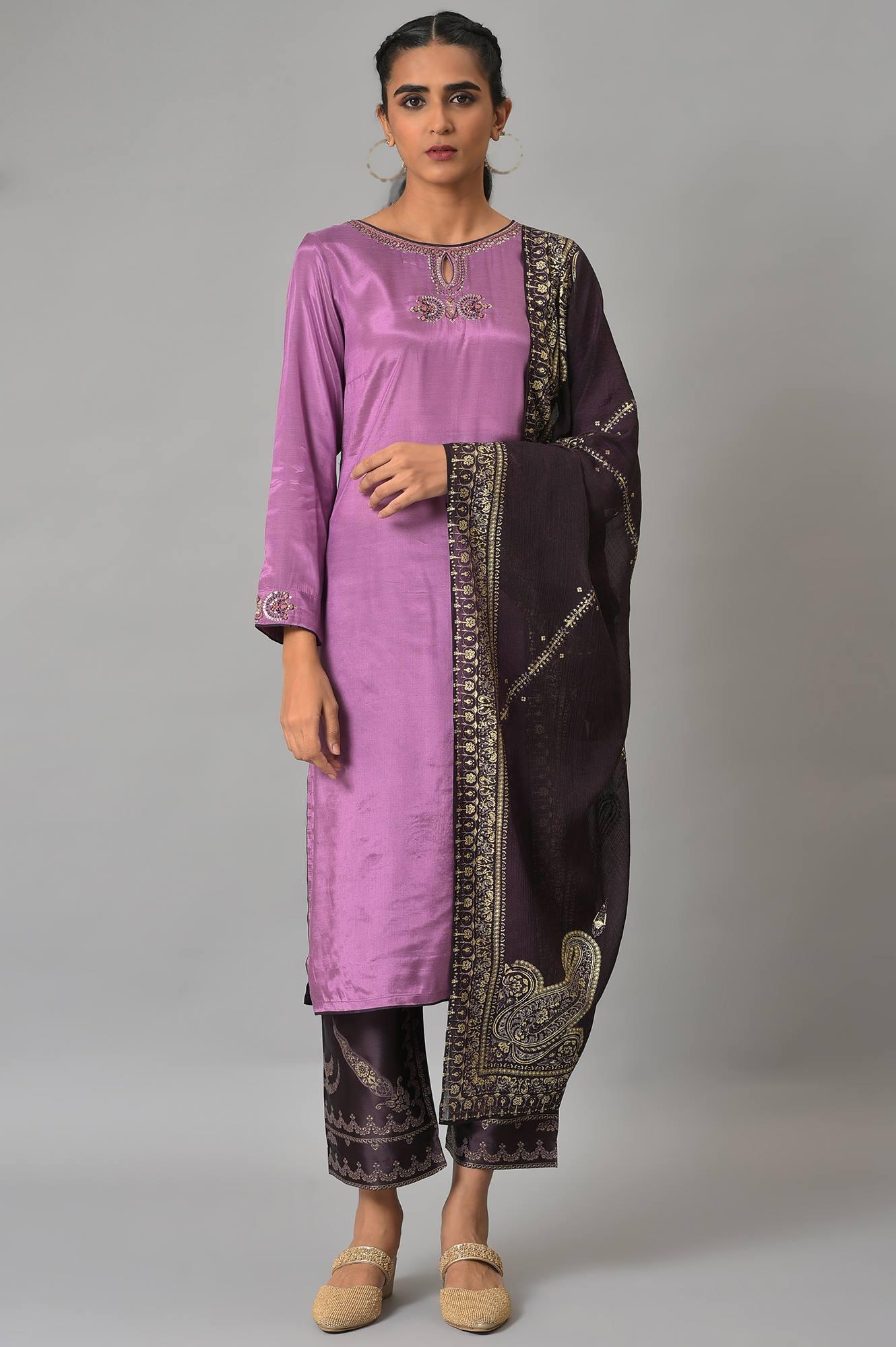 Light Purple Embroidered kurta, Pants &amp; Chiffon Dupatta - wforwoman