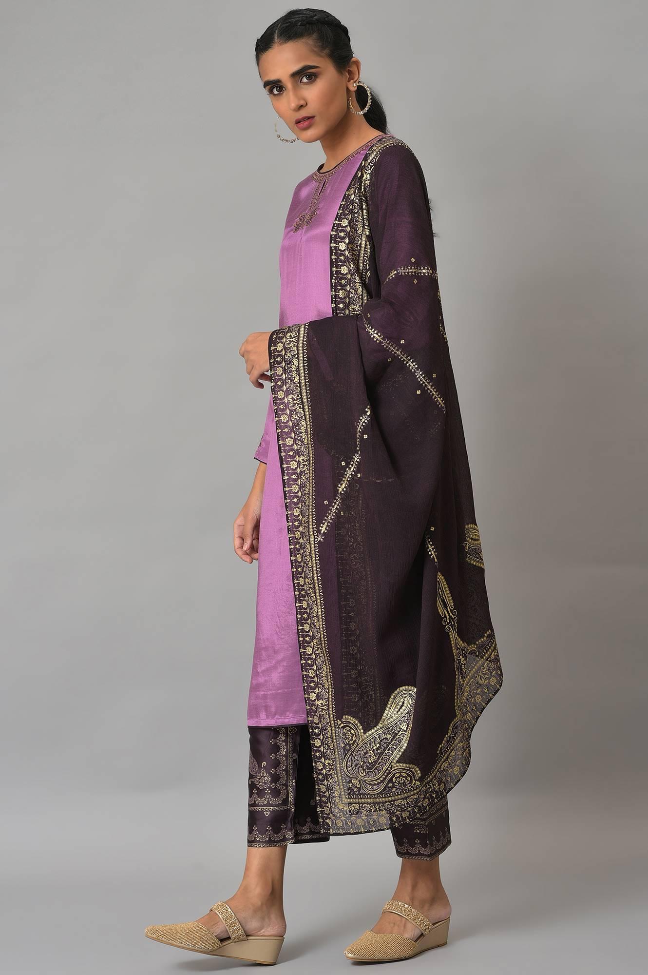 Light Purple Embroidered kurta, Pants &amp; Chiffon Dupatta - wforwoman