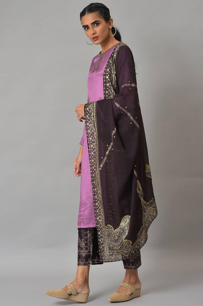 Light Purple Embroidered kurta, Pants &amp; Chiffon Dupatta - wforwoman