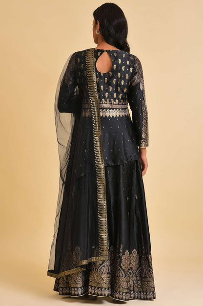 Black Satin Embellished Top With Skirt And Dupatta - wforwoman