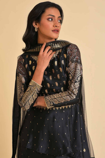 Black Satin Embellished Top With Skirt And Dupatta - wforwoman